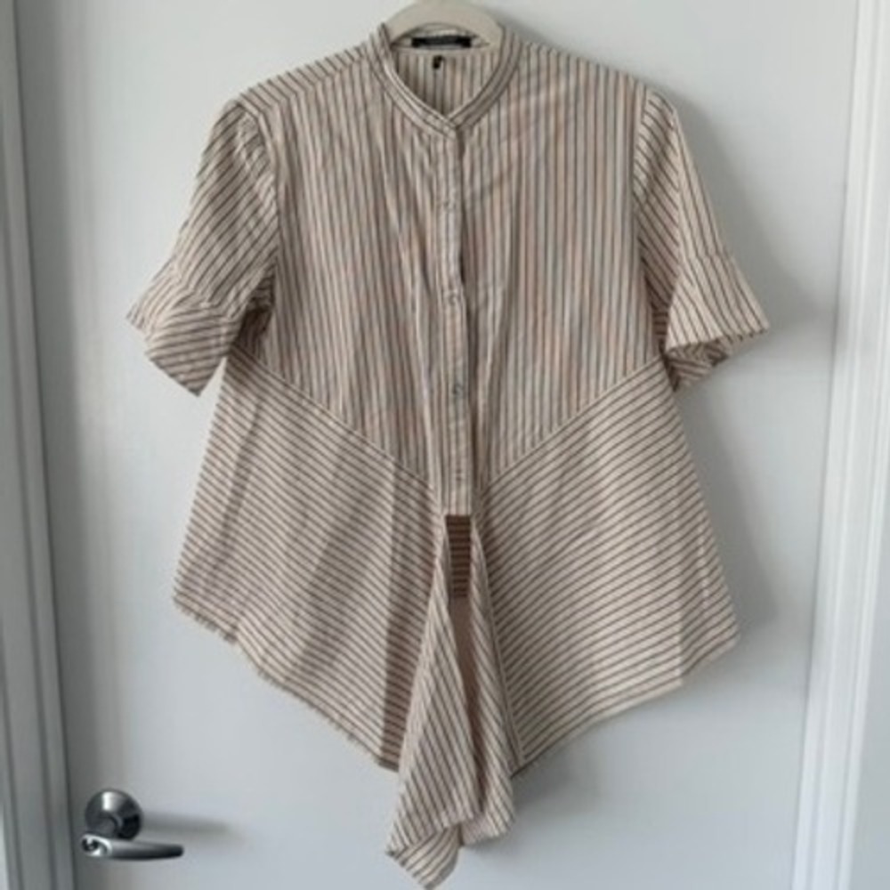 Maison Scotch & Soda Striped Handkerchief Hem Snap Front Blouse Tan Brown Small
